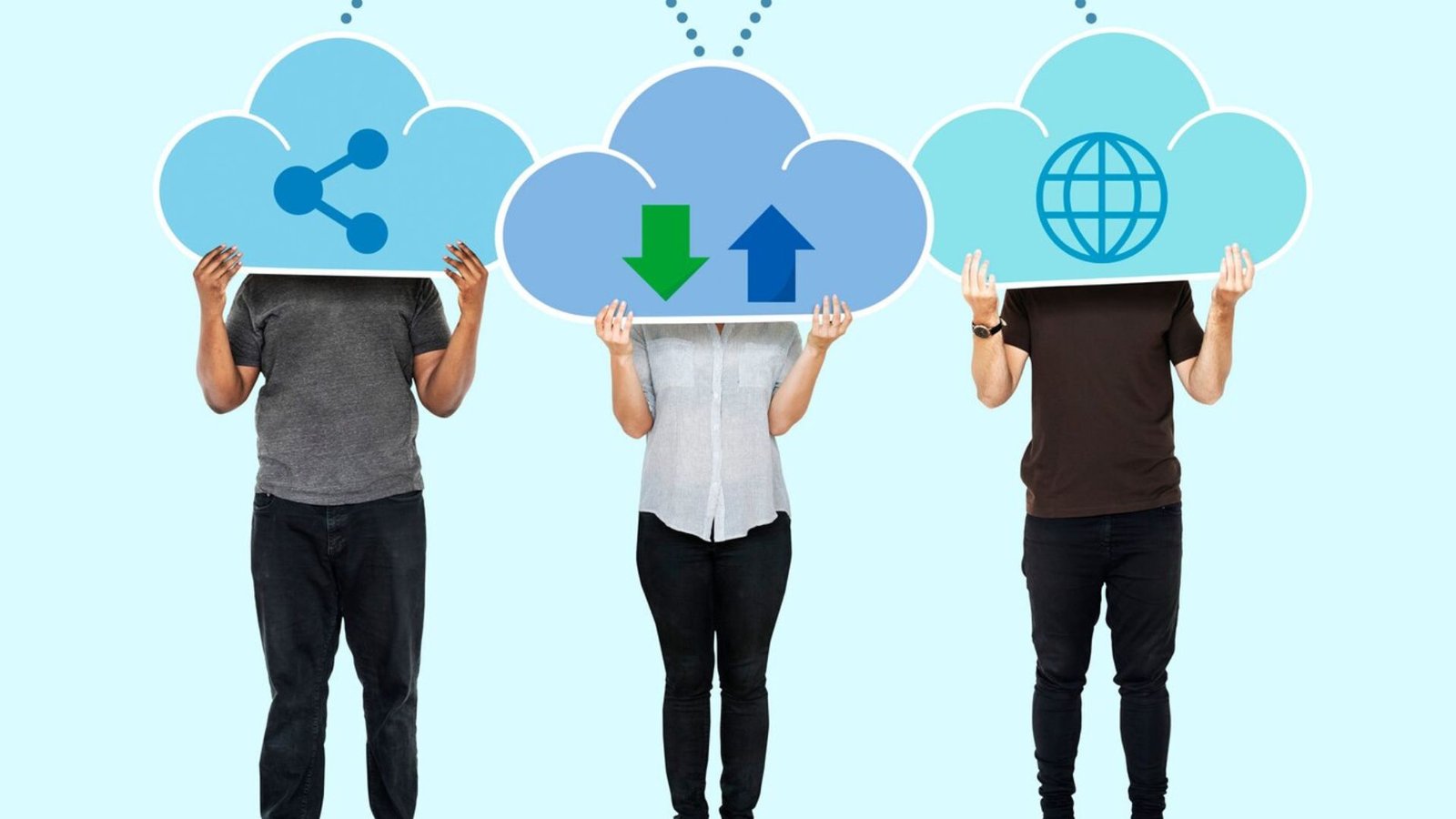 three people holding cloud applications concept